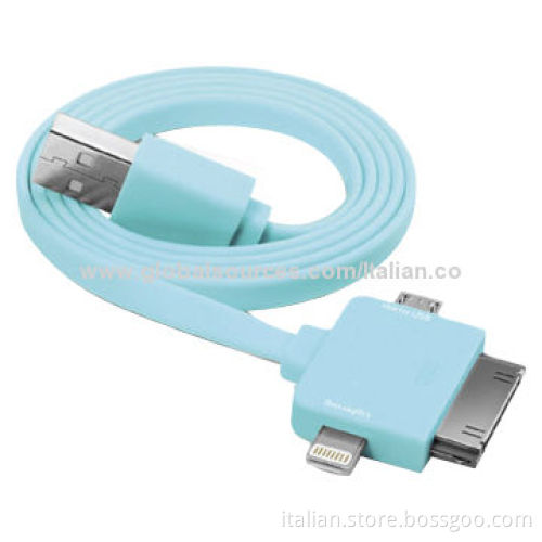 TPE Flat 3-in-1 USB Data Cable for iPhone 4 5//5S/5C and Micro V8, 1m LengthNew